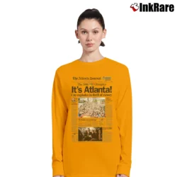 Women’s 1996 Atlanta Olympics Newspaper Long-Sleeve Top in orange | Sleek, Versatile, All-Season