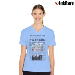 Women’s 1996 Atlanta Olympics Newspaper V-Neck Tee in light blue | Chic Neckline, Soft Texture