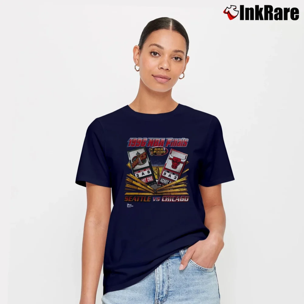Women’s 1996 NBA Finals Sonics Vs Bulls Basketball Signature T-Shirt in navy | Soft, Flattering Fit