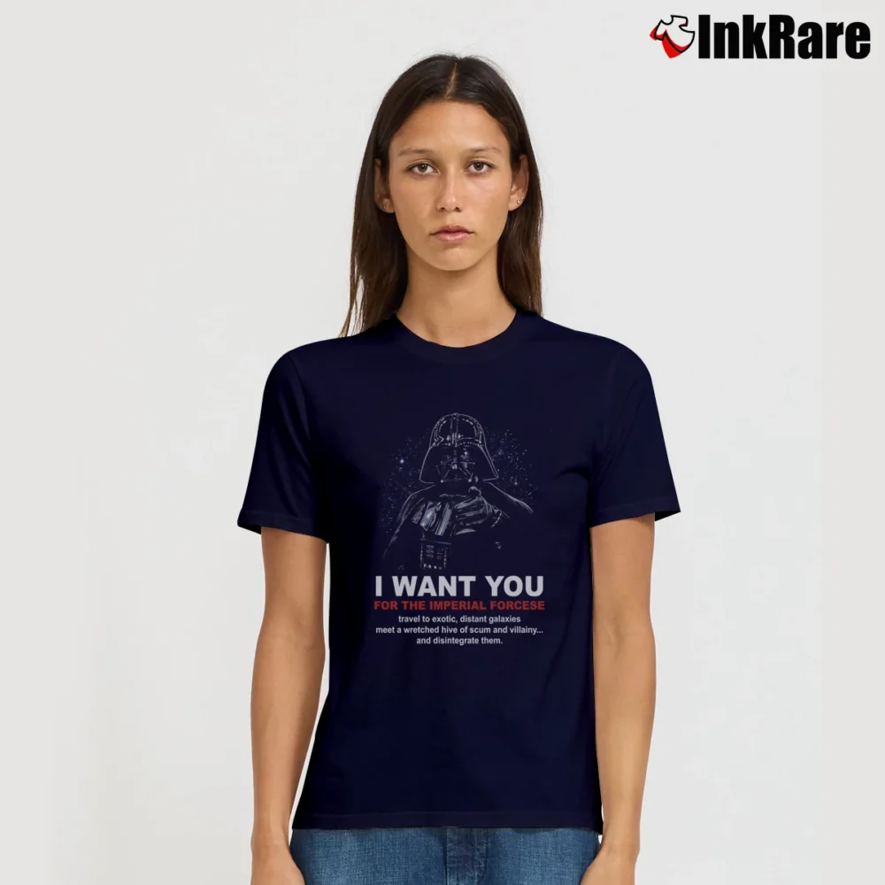 Women’s 1996 Star Wars Darth Vader I Want You Imperial Forces Parody Signature T-Shirt in navy | Soft, Flattering Fit