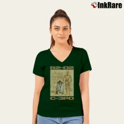 Women’s 1996 Star Wars R2 - D2 C - 3PO Vintage V-Neck Tee in forest green | Chic Neckline, Soft Texture