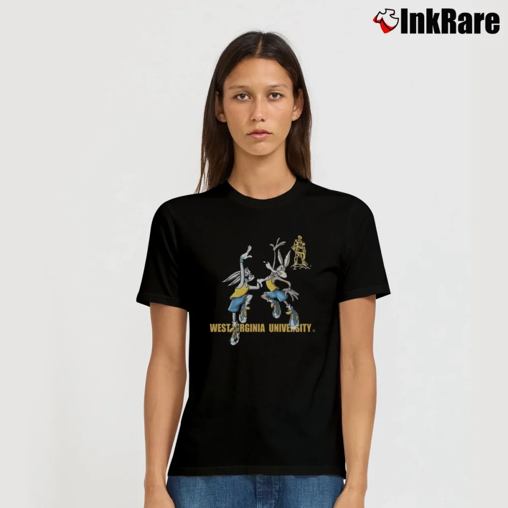 Women’s 1996 West Virginia Basketball Bugs Bunny Wile E Coyote Signature T-Shirt in black | Soft, Flattering Fit