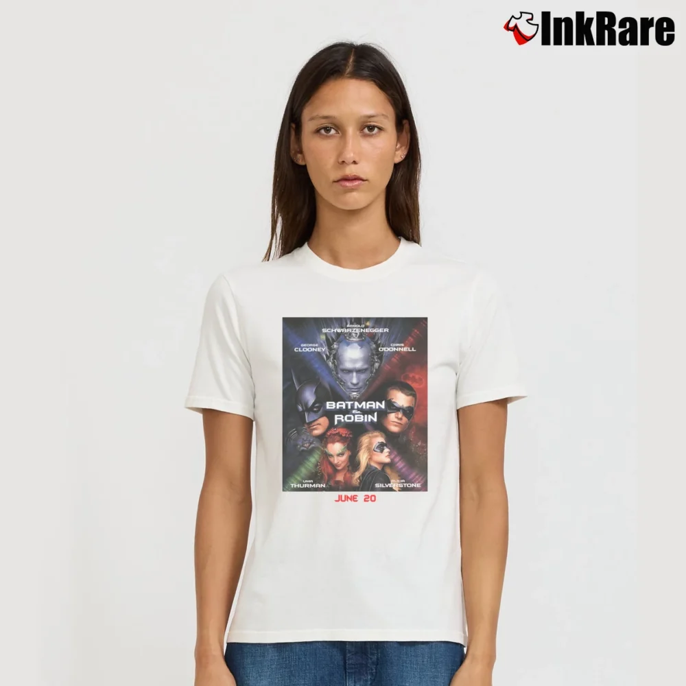 Women’s 1997 Batman And Robin Movie Cast Graphic Signature T-Shirt in white | Soft, Flattering Fit