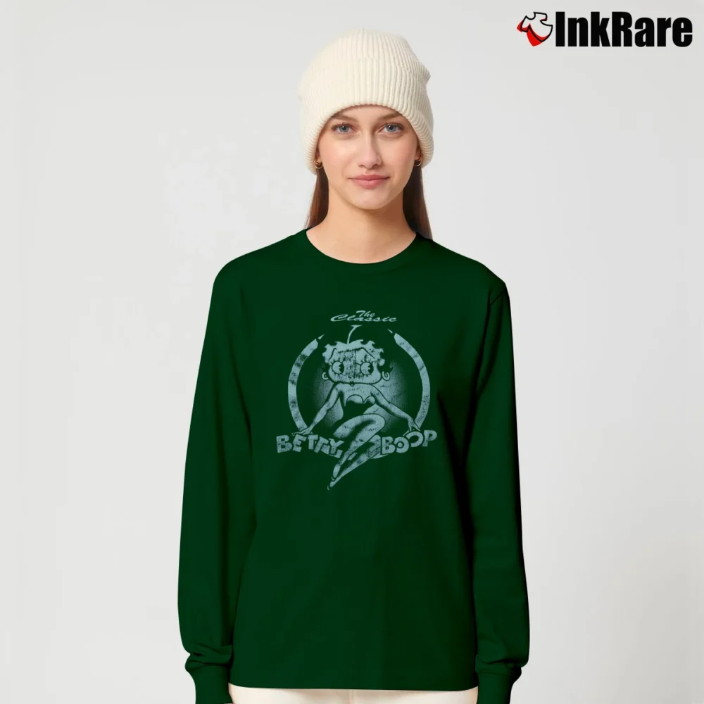 Women’s 1997 Betty Boop Distressed Grunge Classic Cartoon Long-Sleeve Top in forest green | Sleek, Versatile, All-Season
