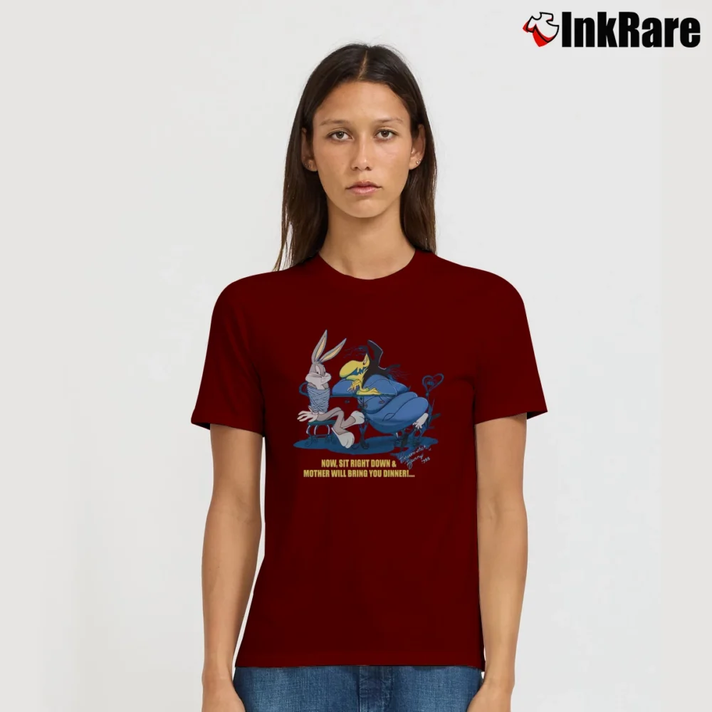 Women’s 1997 Bugs Bunny And Witch Hazel Looney Tunes Signature T-Shirt in maroon | Soft, Flattering Fit