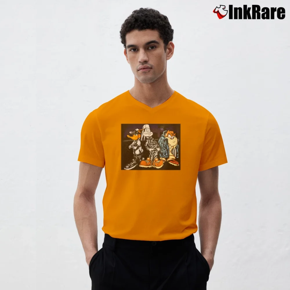 Men’s 1997 Bugs Bunny Taz Sylvester Looney Tunes V-Neck Tee in orange | Sharp, Breathable, Everyday Staple