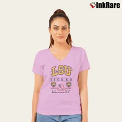 Women’s 1997 LSU Tigers Independence Bowl Football V-Neck Tee in light pink | Chic Neckline, Soft Texture