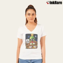 Women’s 1997 Marvin The Martian Go Home Looney Tunes V-Neck Tee in white | Chic Neckline, Soft Texture