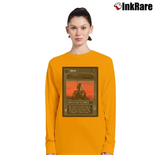 1997 Star Wars Boba Fett Customizable Card Game Women’s Long-Sleeve Top in orange – Effortless Layer Women’s 1997 Star Wars Boba Fett Customizable Card Game Long-Sleeve Top in orange | Sleek, Versatile, All-Season