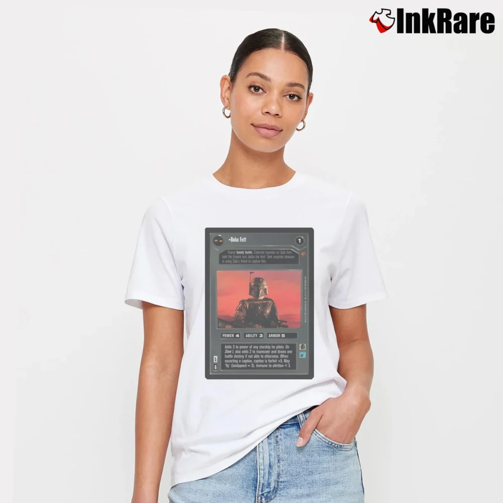 Women’s 1997 Star Wars Boba Fett Customizable Card Game Signature T-Shirt in white | Soft, Flattering Fit