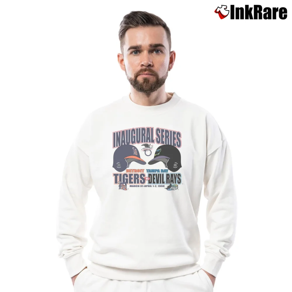 Men’s 1998 Detroit Tigers Vs Tampa Bay Devil Rays Crewneck Sweatshirt in white | Cozy Fabric, Clean Style