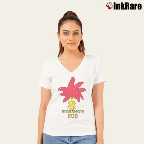 Women’s 1998 Sideshow Bob Fan Favorite Simpsons Promo 90s Cartoon V-Neck Tee in white | Chic Neckline, Soft Texture