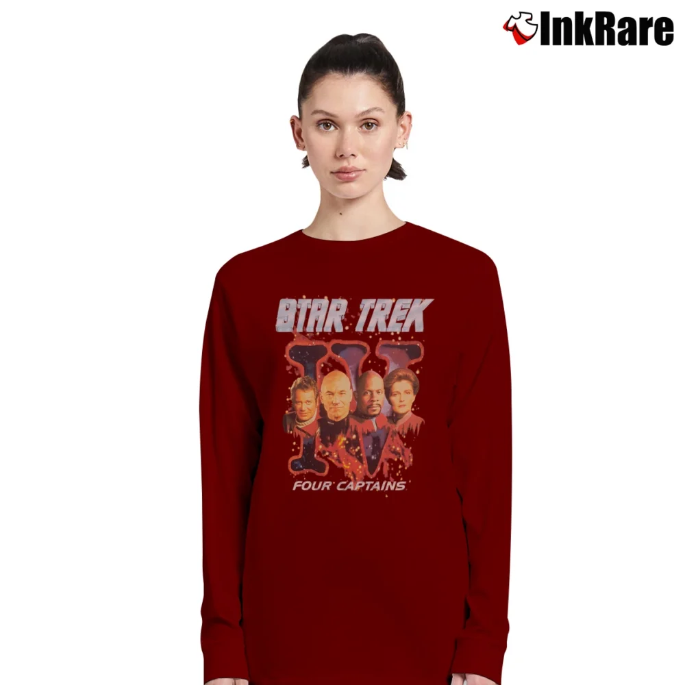 Women’s 1998 Star Trek Four Captains Graphic Long-Sleeve Top in maroon | Sleek, Versatile, All-Season