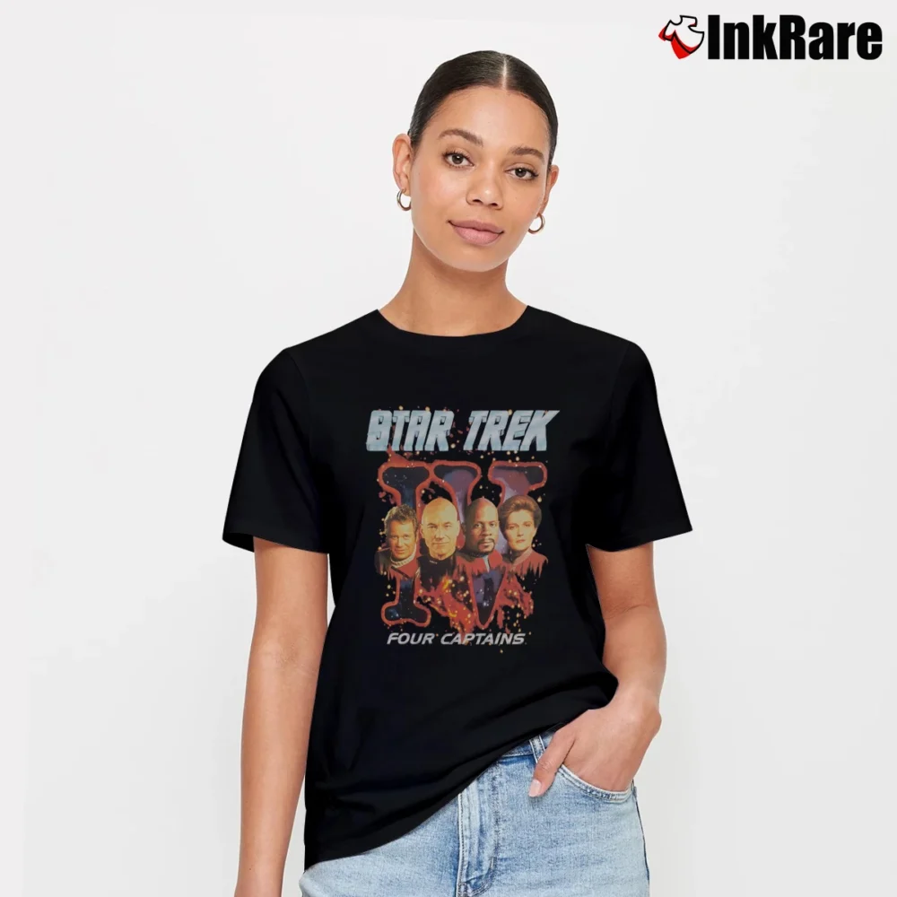 Women’s 1998 Star Trek Four Captains Graphic Signature T-Shirt in black | Soft, Flattering Fit