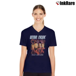Women’s 1998 Star Trek Four Captains Graphic V-Neck Tee in navy | Chic Neckline, Soft Texture