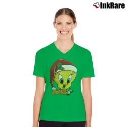 Women’s 1998 Tweety Bird Santa Claus Looney Tunes Christmas V-Neck Tee in irish green | Chic Neckline, Soft Texture