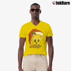 Men’s 1998 Tweety Bird Santa Claus Looney Tunes Christmas V-Neck Tee in yellow | Sharp, Breathable, Everyday Staple