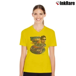 Women’s 1999 Jeff Gordon NASCAR x Superman Racing V-Neck Tee in yellow | Chic Neckline, Soft Texture