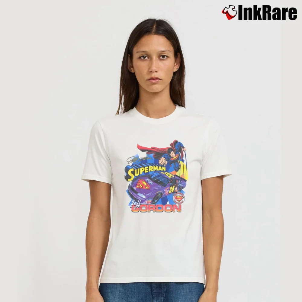 Women’s 1999 Jeff Gordon Superman NASCAR Signature T-Shirt in white | Soft, Flattering Fit