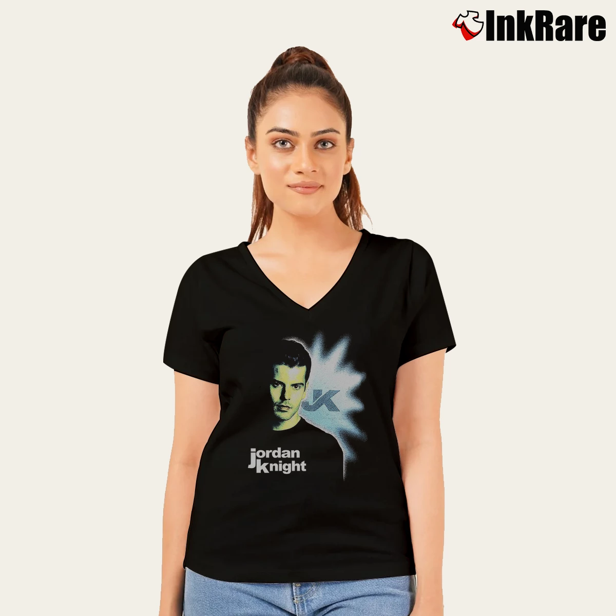 Women’s 1999 Jordan Knight Album Promo V-Neck Tee in black | Chic Neckline, Soft Texture