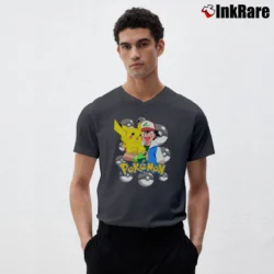 Men’s 1999 Pokemon Ash And Pikachu Vintage V-Neck Tee in charcoal | Sharp, Breathable, Everyday Staple