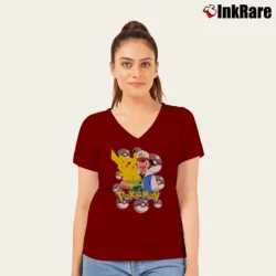 Women’s 1999 Pokemon Ash And Pikachu Vintage V-Neck Tee in maroon | Chic Neckline, Soft Texture