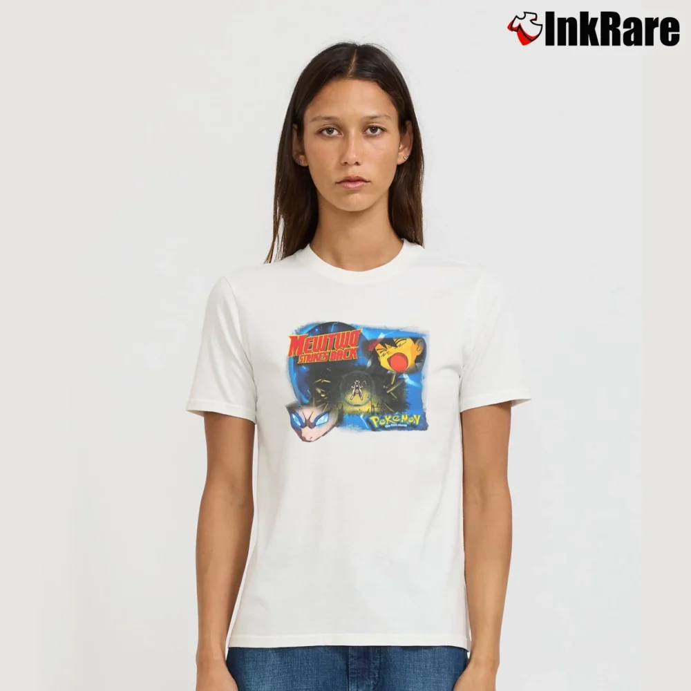 Women’s 1999 Pokemon Mewtwo Strikes Back The First Movie Signature T-Shirt in white | Soft, Flattering Fit
