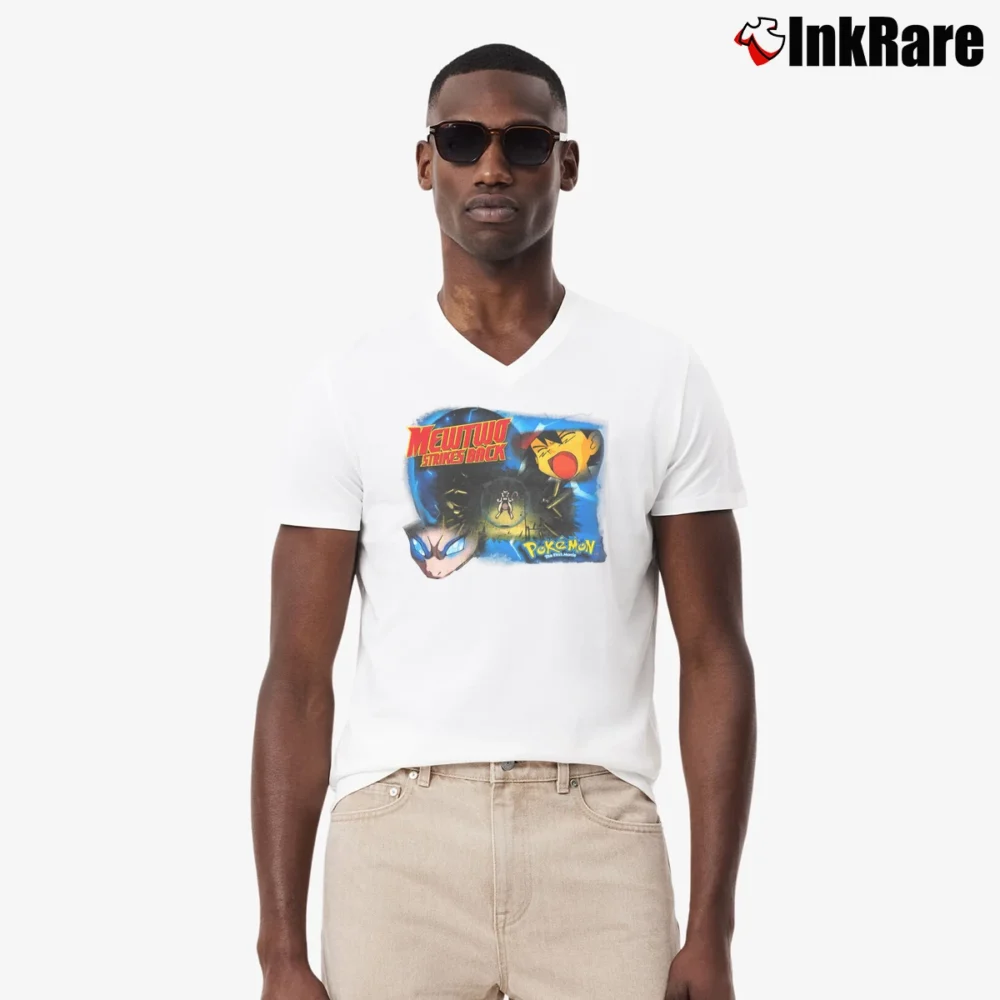 Men’s 1999 Pokemon Mewtwo Strikes Back The First Movie V-Neck Tee in white | Sharp, Breathable, Everyday Staple