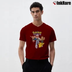 Men’s 1999 Pokemon Nintendo Classic V-Neck Tee in maroon | Sharp, Breathable, Everyday Staple