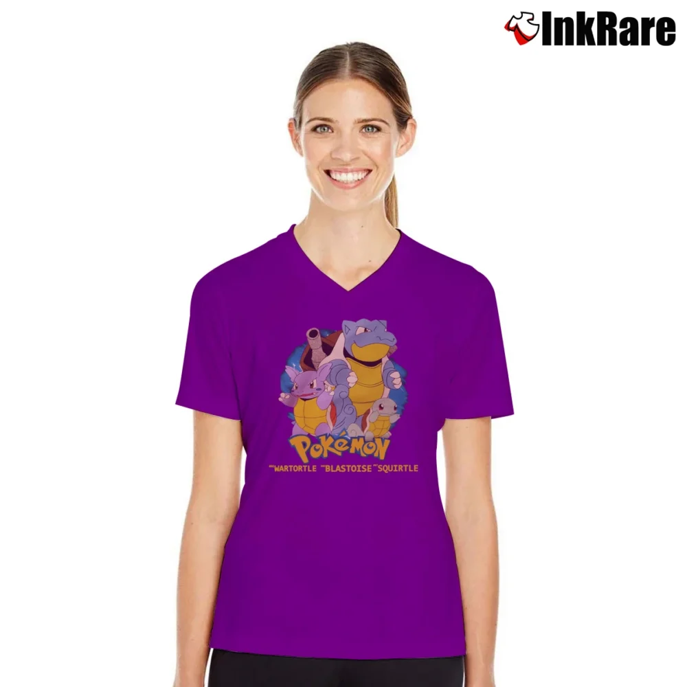 Women’s 1999 Pokemon Wartortle Blastoise Squirtle V-Neck Tee in purple | Chic Neckline, Soft Texture