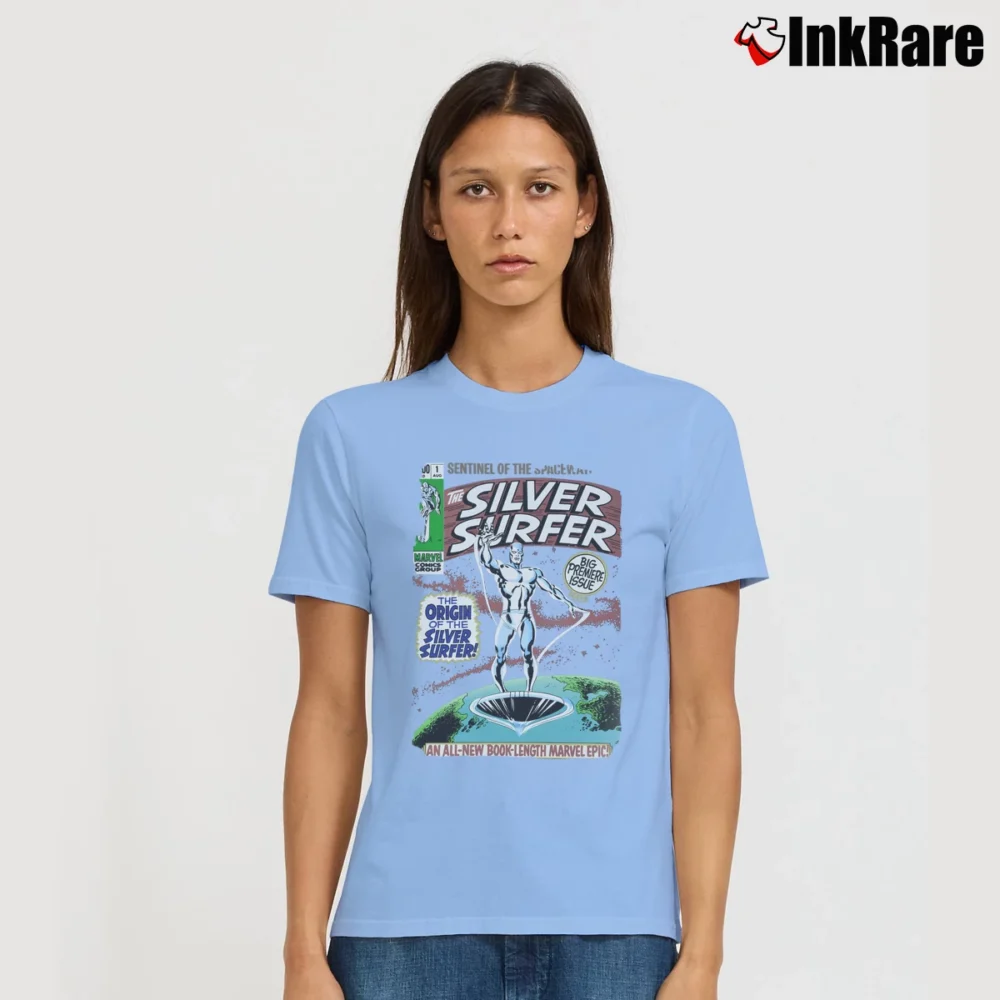 Women’s 1999 Silver Surfer Marvel Origin Universal Studios Signature T-Shirt in light blue | Soft, Flattering Fit