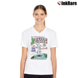 Women’s 1999 Silver Surfer Marvel Origin Universal Studios V-Neck Tee in white | Chic Neckline, Soft Texture