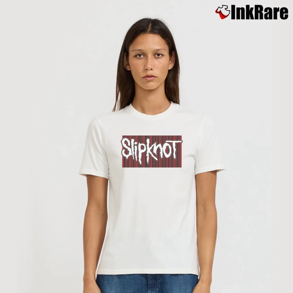 Women’s 1999 Slipknot Nu Metal Thrash Heavy Music Signature T-Shirt in white | Soft, Flattering Fit
