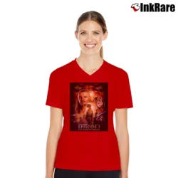 Women’s 1999 Star Wars Episode 1 Phantom Menace Promo V-Neck Tee in red | Chic Neckline, Soft Texture