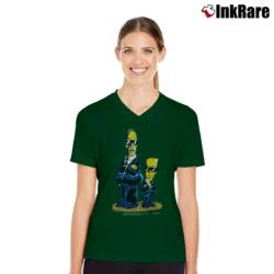 Women’s 1999 The Simpsons Homer Bart Cartoon Character V-Neck Tee in forest green | Chic Neckline, Soft Texture