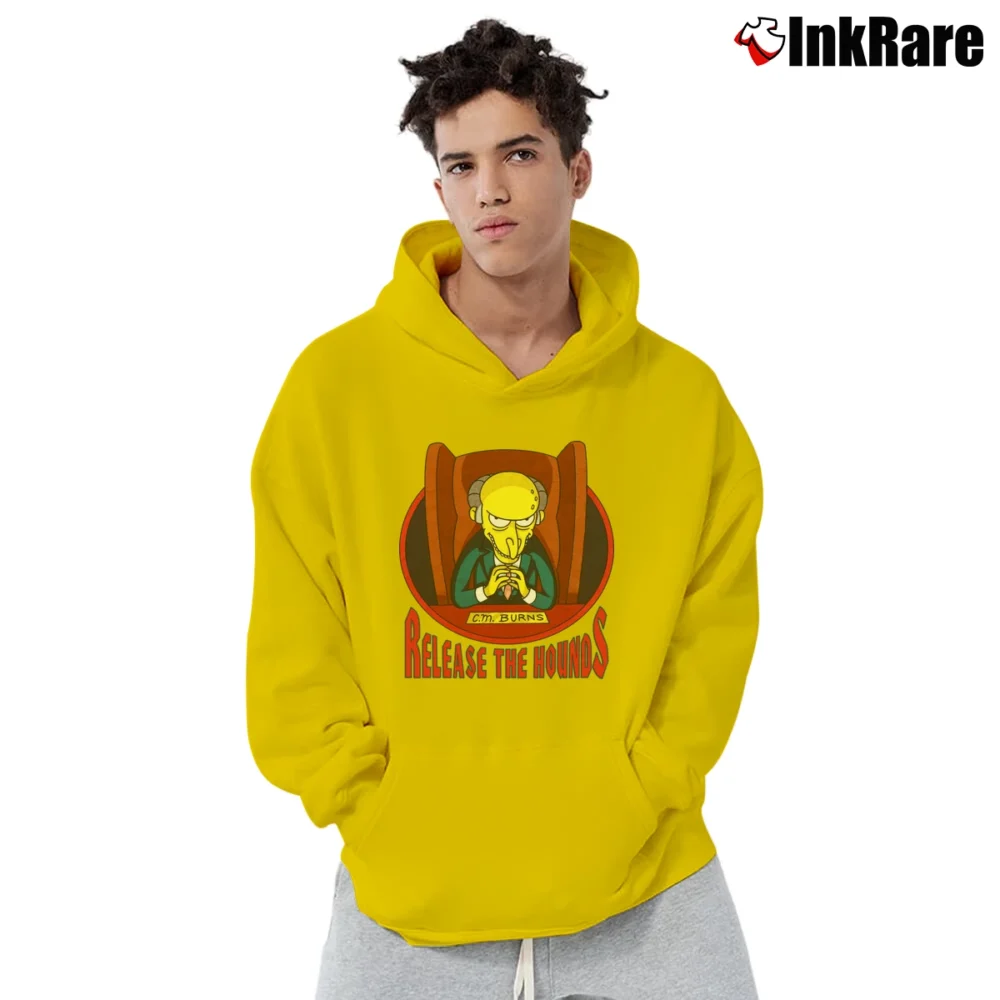 Men’s 1999 The Simpsons Mr. Burns Release the Hounds Pullover Hoodie in yellow | Cozy, Durable, Modern Fit