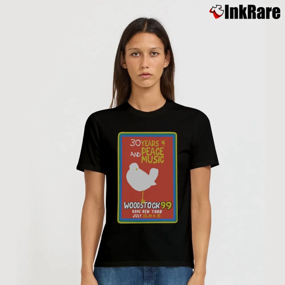 Women’s 1999 Woodstock 30 Years Peace And Music Signature T-Shirt in black | Soft, Flattering Fit