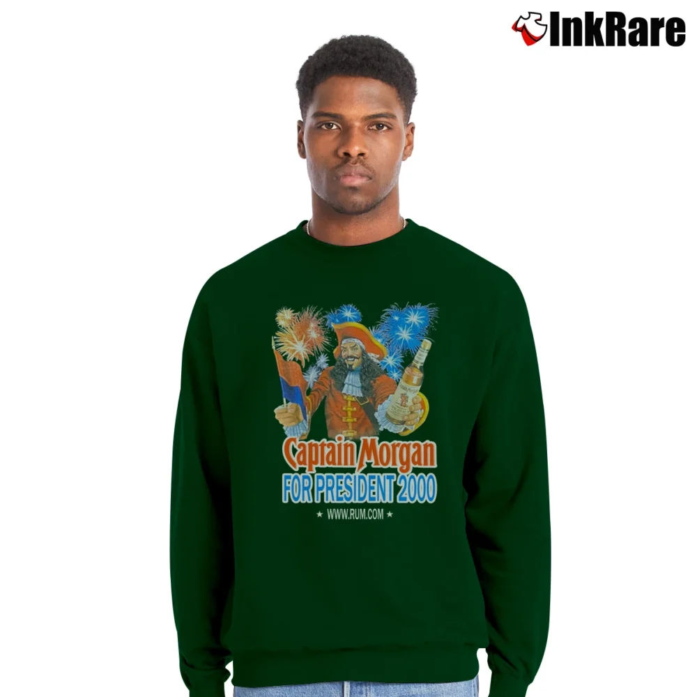 Men’s 2000 Captain Morgan For President Parody Crewneck Sweatshirt in forest green | Cozy Fabric, Clean Style