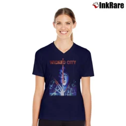 Women’s 2000 Wicked City Anime Mars Colony V-Neck Tee in navy | Chic Neckline, Soft Texture
