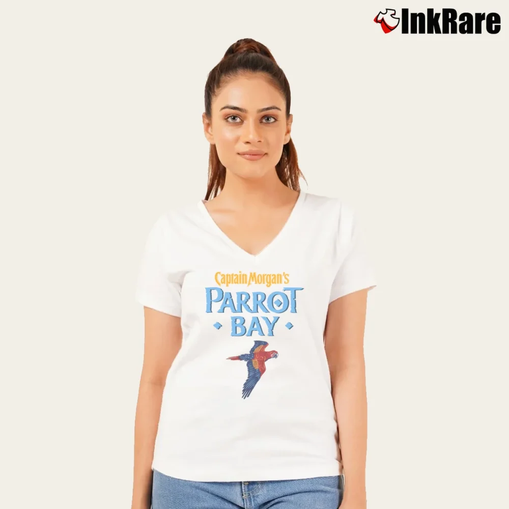 Women’s 2000s Captain Morgan Parrot Bay Rum V-Neck Tee in white | Chic Neckline, Soft Texture