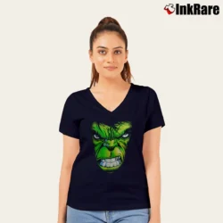 Women’s 2000s Incredible Hulk Marvel Classic Cartoon V-Neck Tee in navy | Chic Neckline, Soft Texture