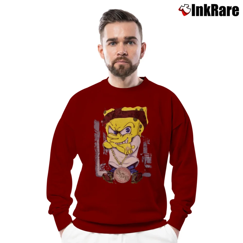 Men’s 2000s Swag Spongebob Squarepants Patrick Starfish Squidward Cartoon Animation Crewneck Sweatshirt in maroon | Cozy Fabric, Clean Style