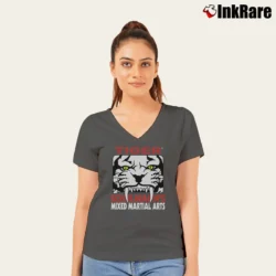 Women’s 2000s Tiger Schulmann's Mixed Martial Arts School V-Neck Tee in charcoal | Chic Neckline, Soft Texture