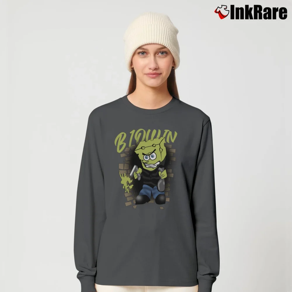 Women’s 2000s Y2k Gangster Spongebob Distressed Rap Hip Hop Cartoon Long-Sleeve Top in charcoal | Sleek, Versatile, All-Season