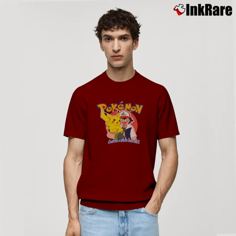 Men’s 2001 Ash And Pikachu Nintendo Pokemon Classic T-Shirt in maroon | Soft, Breathable Everyday Wear