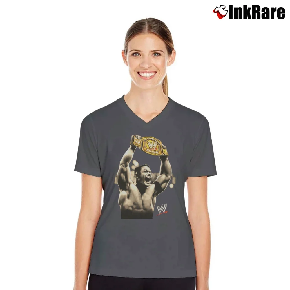 Women’s 2006 WWE Champion John Cena Belt V-Neck Tee in charcoal | Chic Neckline, Soft Texture