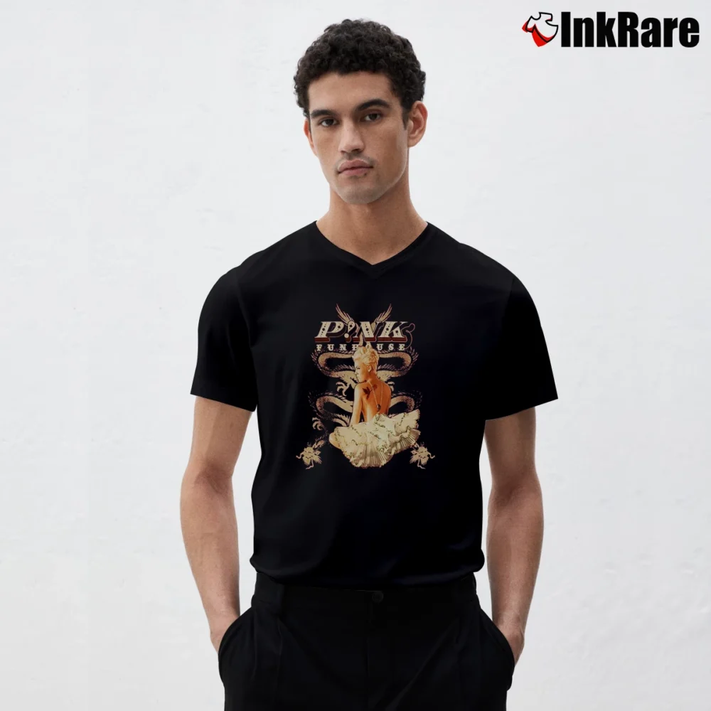 Men’s 2009 Pink Funhouse Tour Red Dragon Graphic V-Neck Tee in black | Sharp, Breathable, Everyday Staple