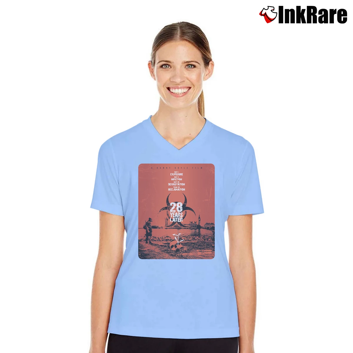 Women’s 28 Years Later Movie Poster V-Neck Tee in light blue | Chic Neckline, Soft Texture