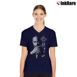 Women’s 2Pac Death Row Heavyweight Tupac V-Neck Tee in navy | Chic Neckline, Soft Texture