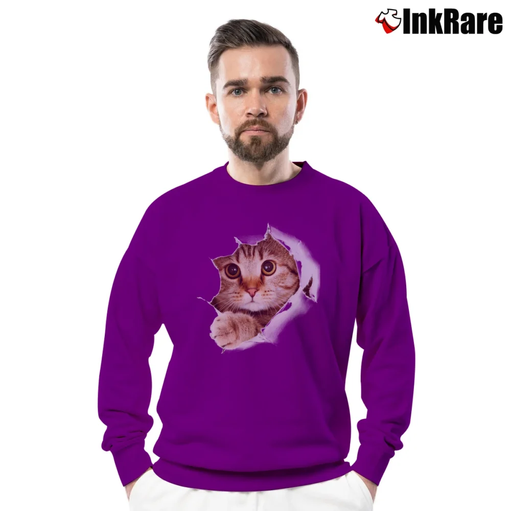 Men’s 3D Cute Cat Printed Crewneck Sweatshirt in purple | Cozy Fabric, Clean Style